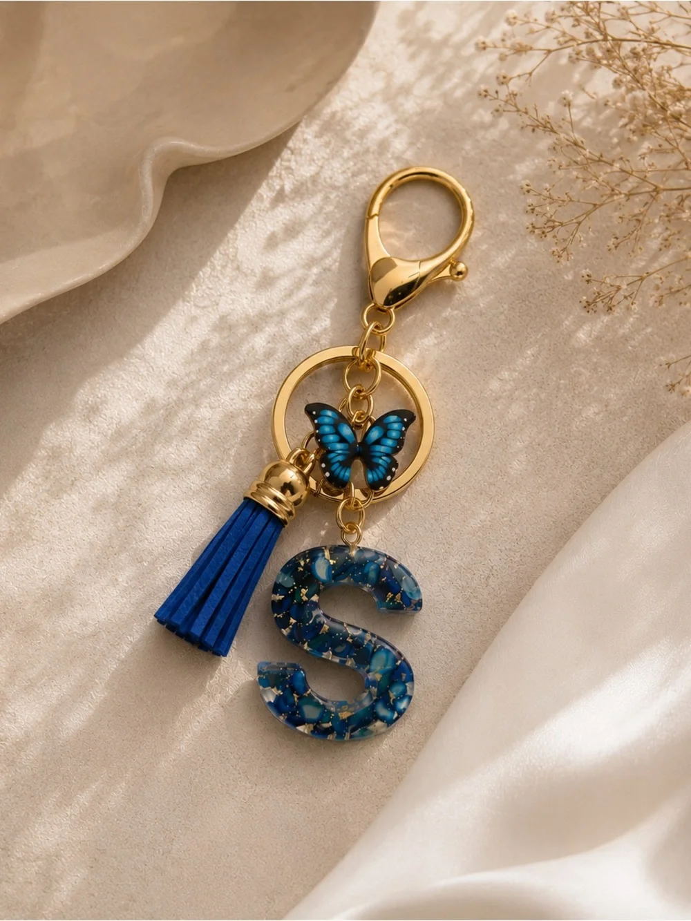 Monogram 'S' Blue Butterfly Tassel Keychain NWOT